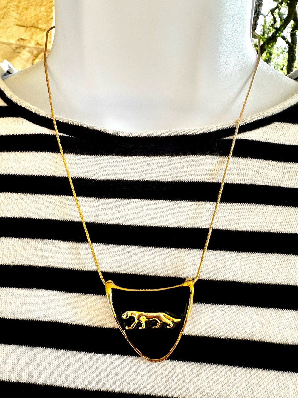 Vintage Gold-Tone Panther Shield Pendant Necklace in Black and Gold
